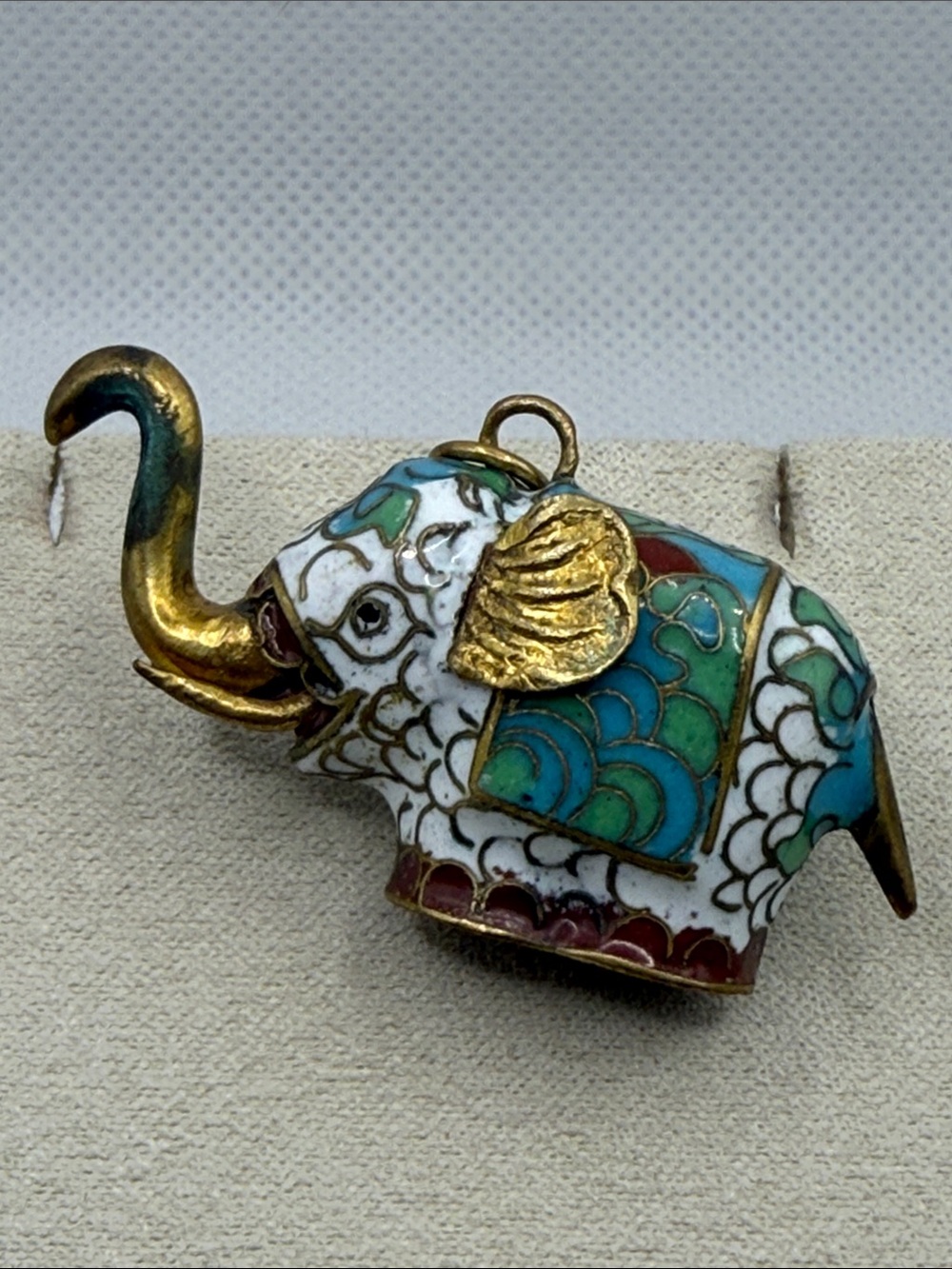 Vintage very old Cloisonné Elephant Pendant - White and Teal Decorative Charm